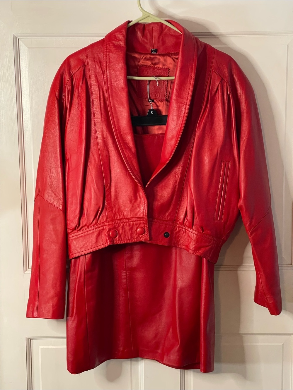 80’s cherry red genuine leather jacket & skirt